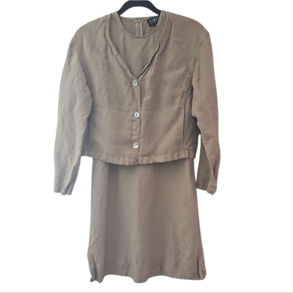 Finity Linen Jacket & Dress Set Women’s 8 Taupe Minimalist 2 Piece Outfit